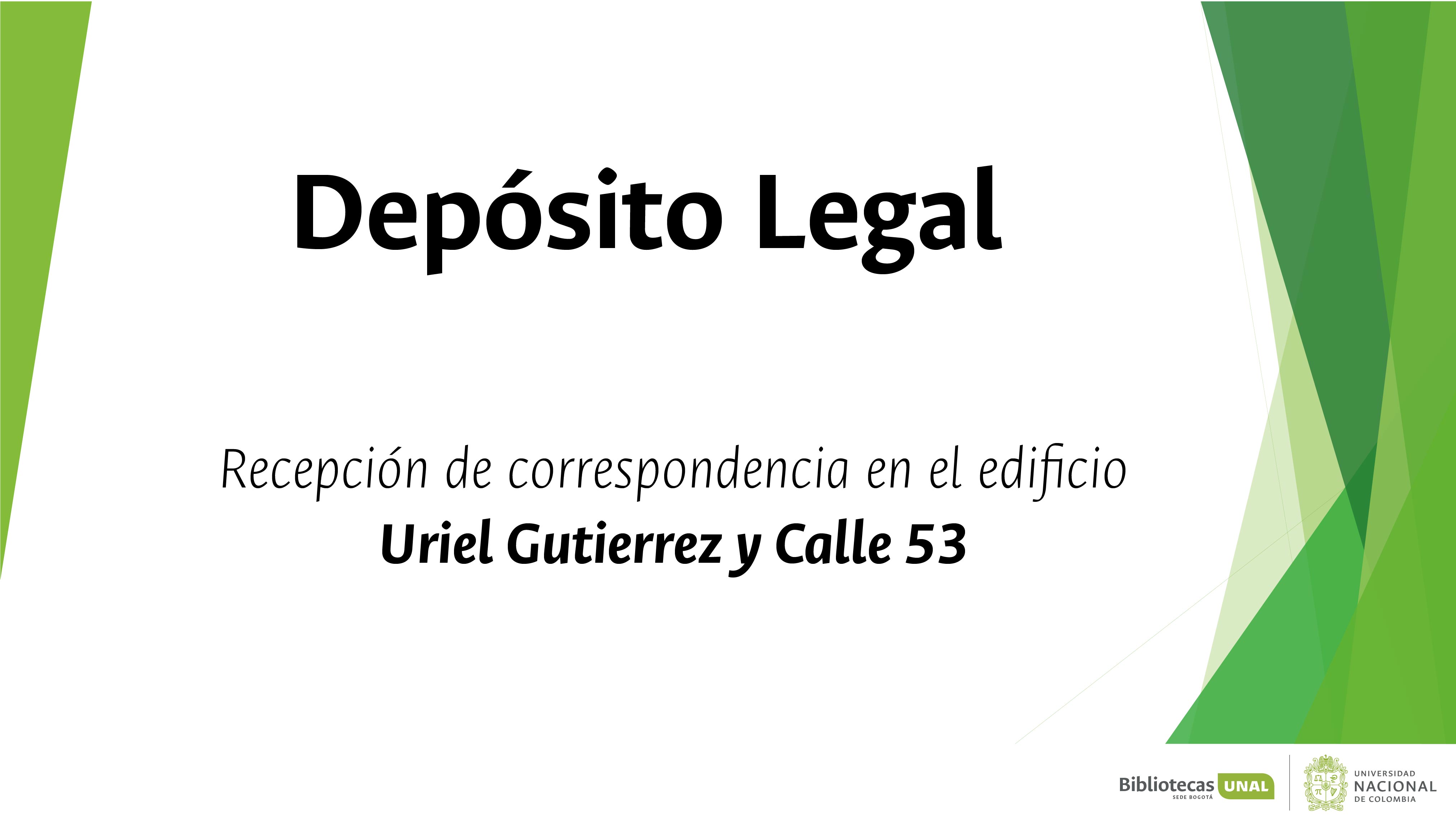 Debido a adecuaciones y arreglos en la infraestructura del edificio de la Hemeroteca Nacional, el punto de recepción de correspondencia ubicado en este edificio estará temporalmente fuera de servicio. Por lo tanto, solo estarán habilitados los puntos de recepción de correspondencia ubicados en el edificio Uriel Gutiérrez y calle 53 (portería del antiguo edificio ICONTEC).