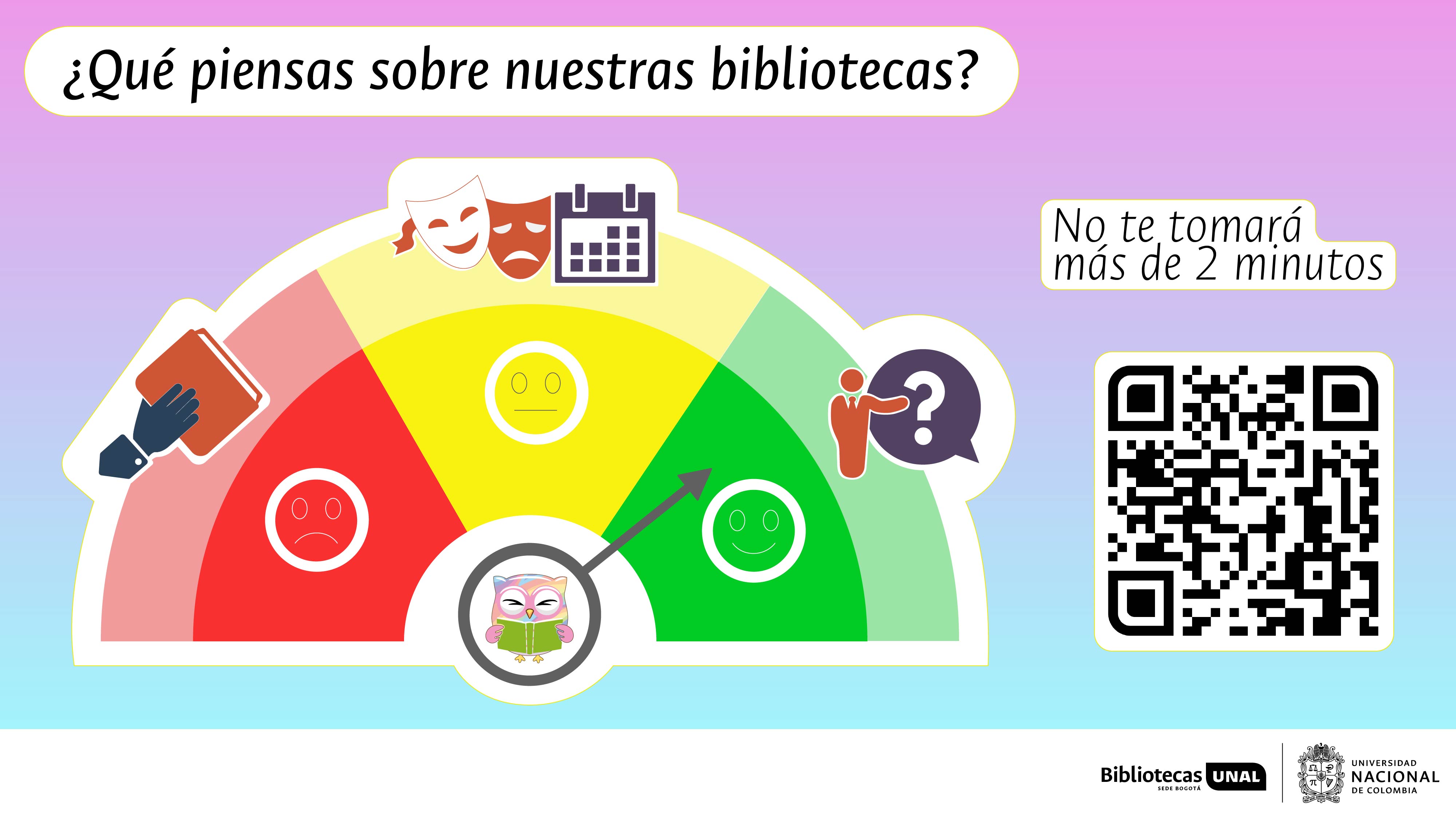 Queremos conocer tu opinión. Ingresa y cuéntanos qué percepción tienes sobre nuestras bibliotecas, los servicios y recursos que disponemos para ti. No te tomará más de 2 minutos. Gracias, estamos mejorando para brindarte un mejor servicio. #SomosTuBiblioteca