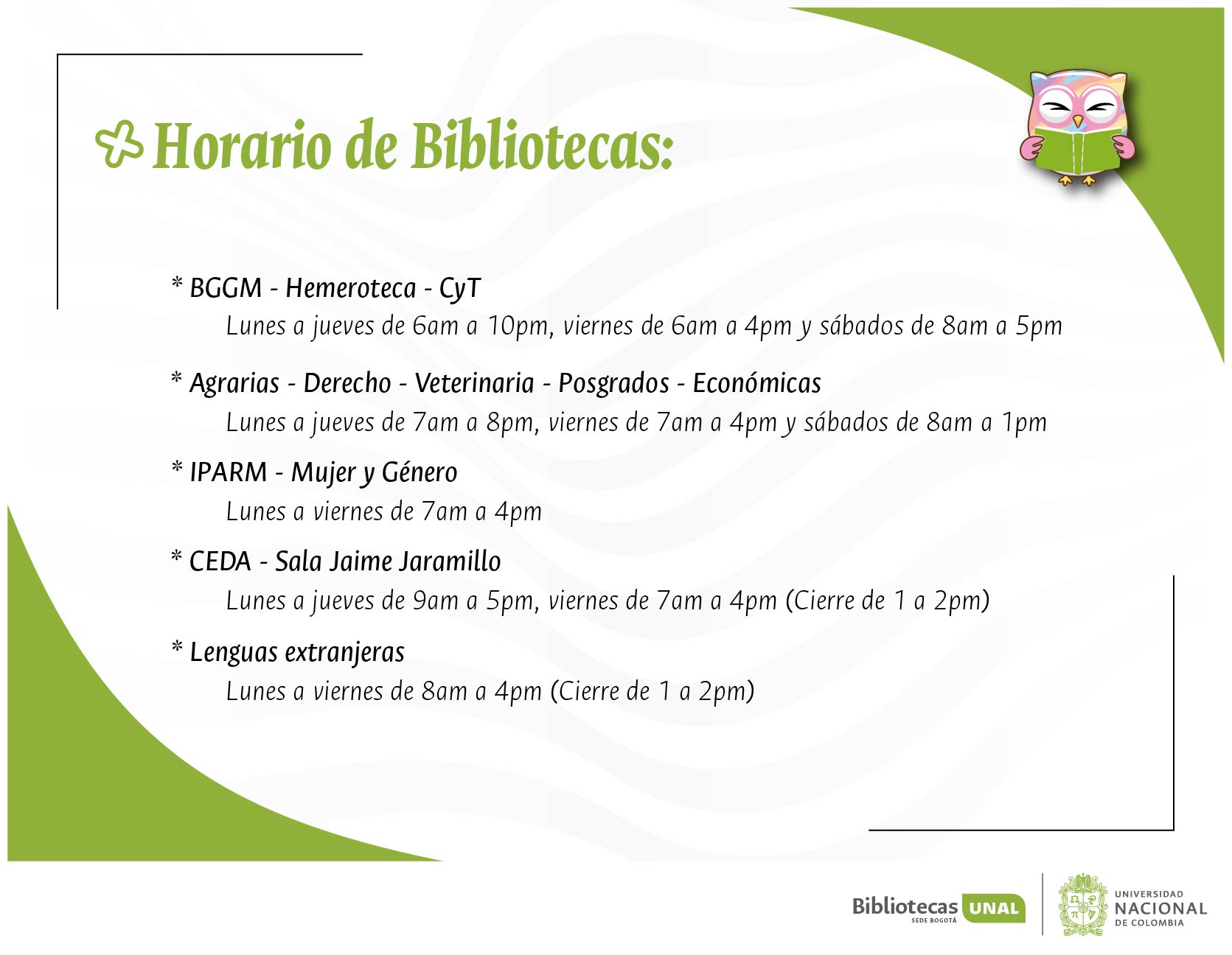 Horario de Bibliotecas, Sede Bogotá - Imagen